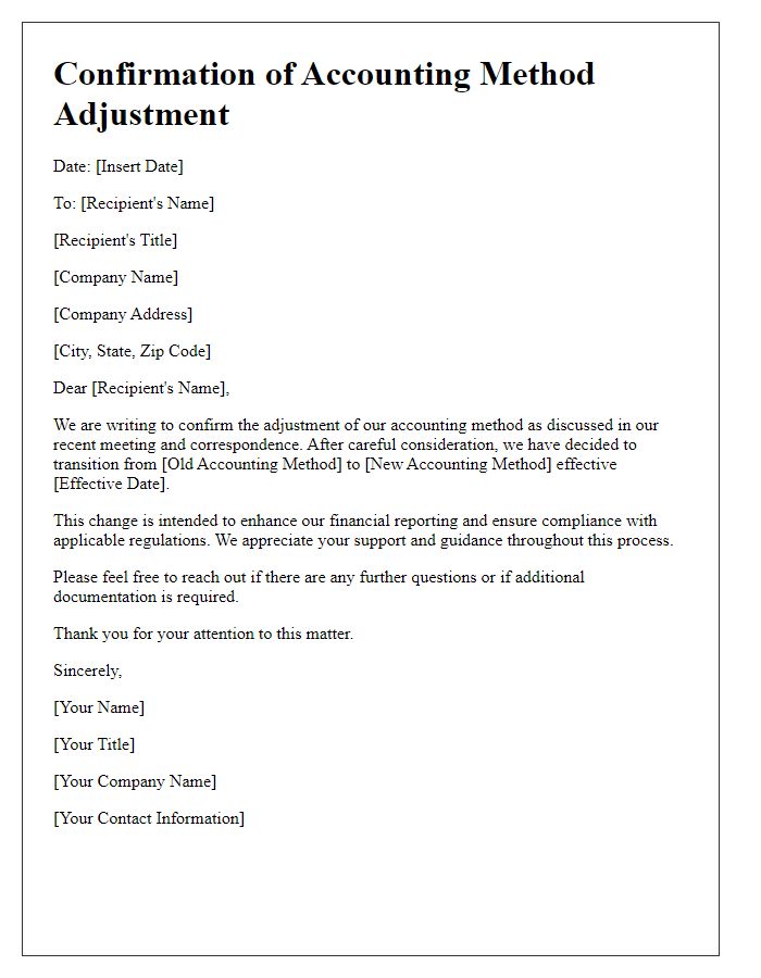 Letter template of confirmation for accounting method adjustment