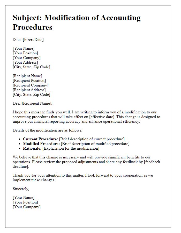 Letter template of formal accounting procedure modification