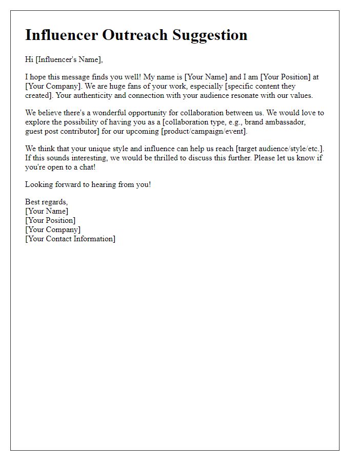 Letter template of influencer outreach suggestion