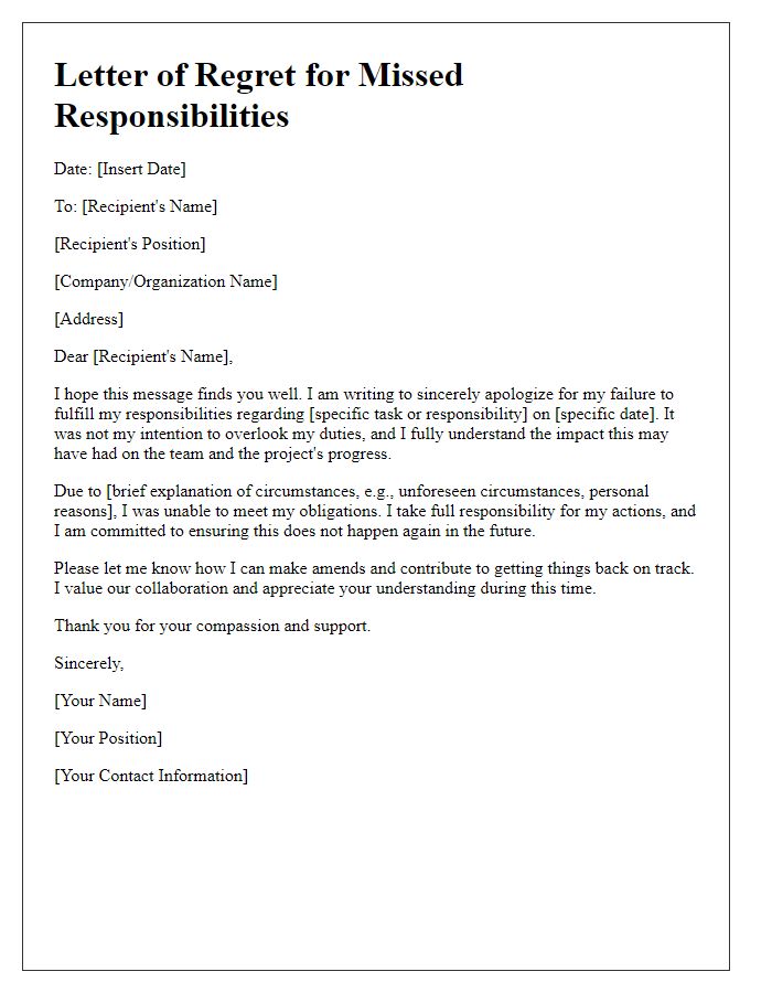 Letter template of regret for missed responsibilities.