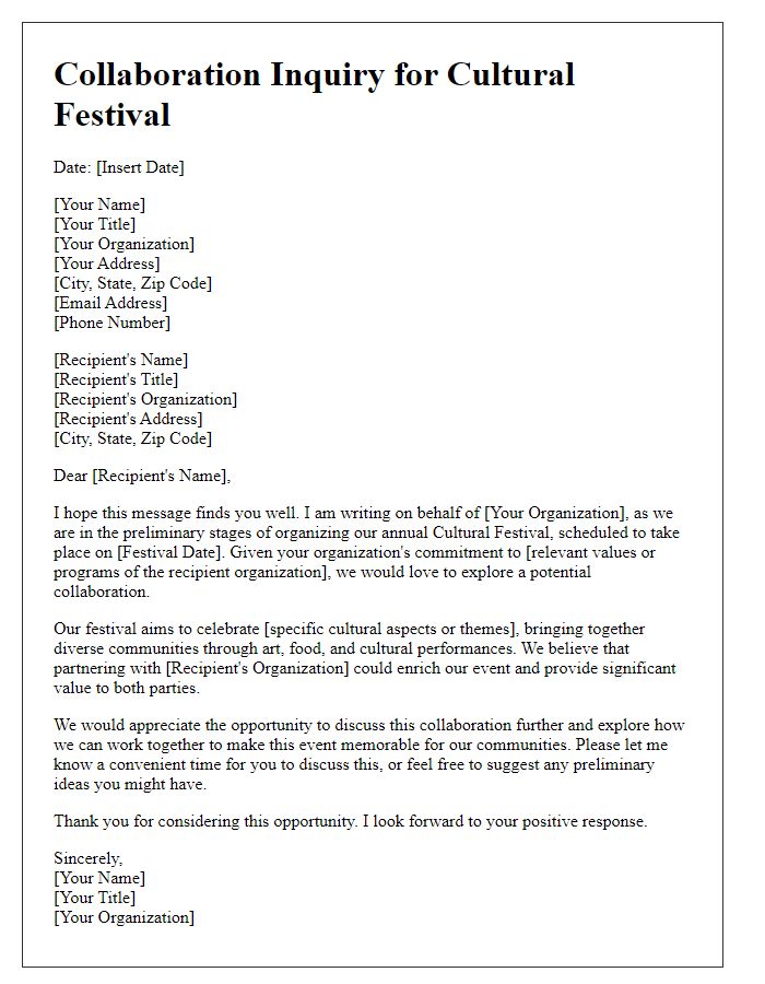 Letter template of collaboration inquiry for cultural festival