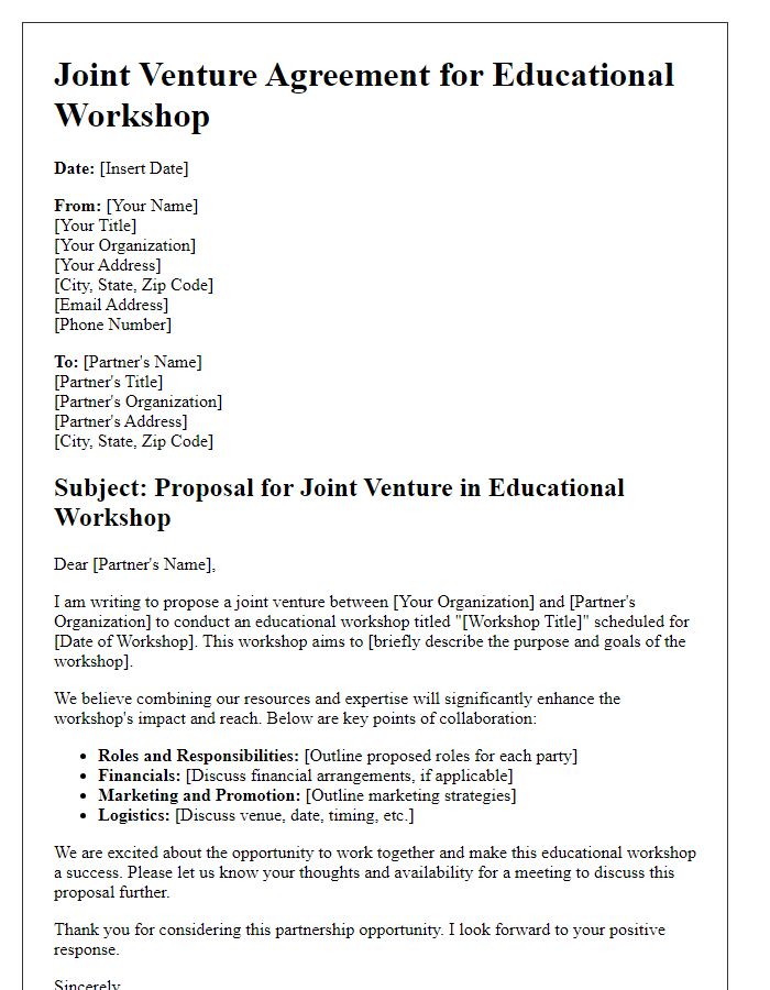 Letter template of joint venture for educational workshop