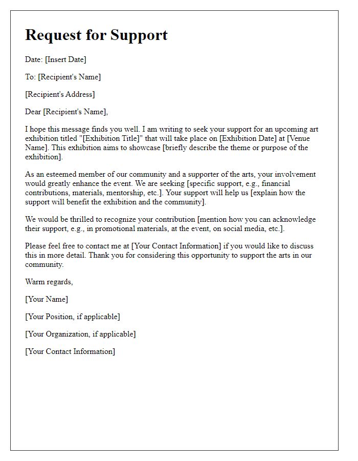 Letter template of support request for art exhibition