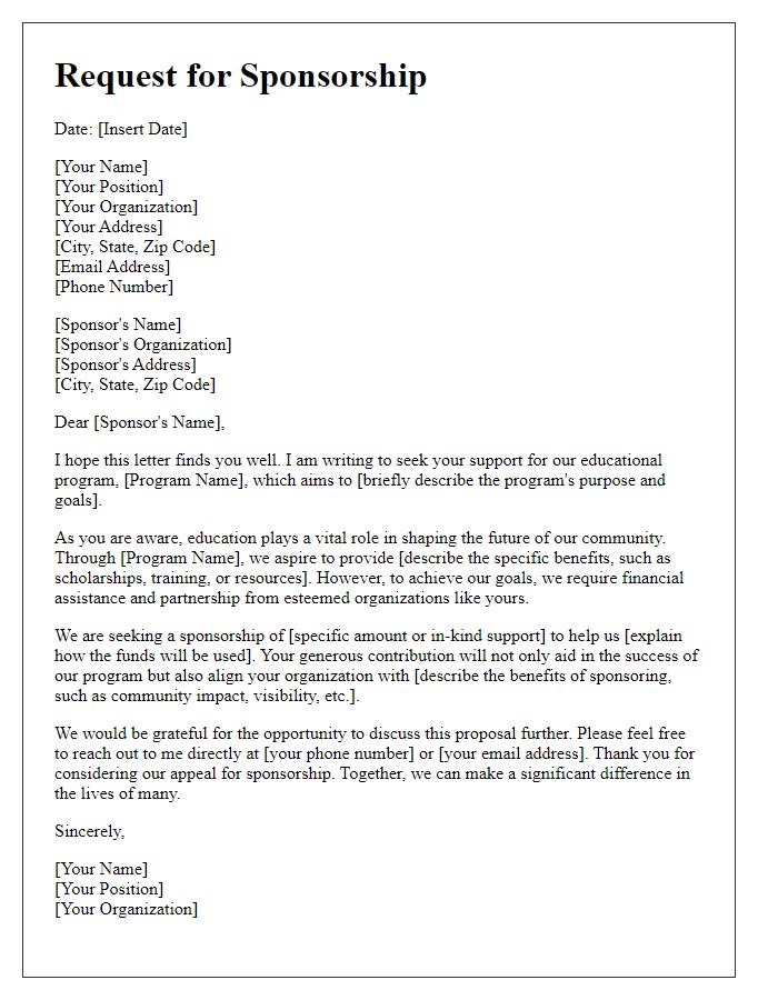 Letter template of sponsorship appeal for educational program