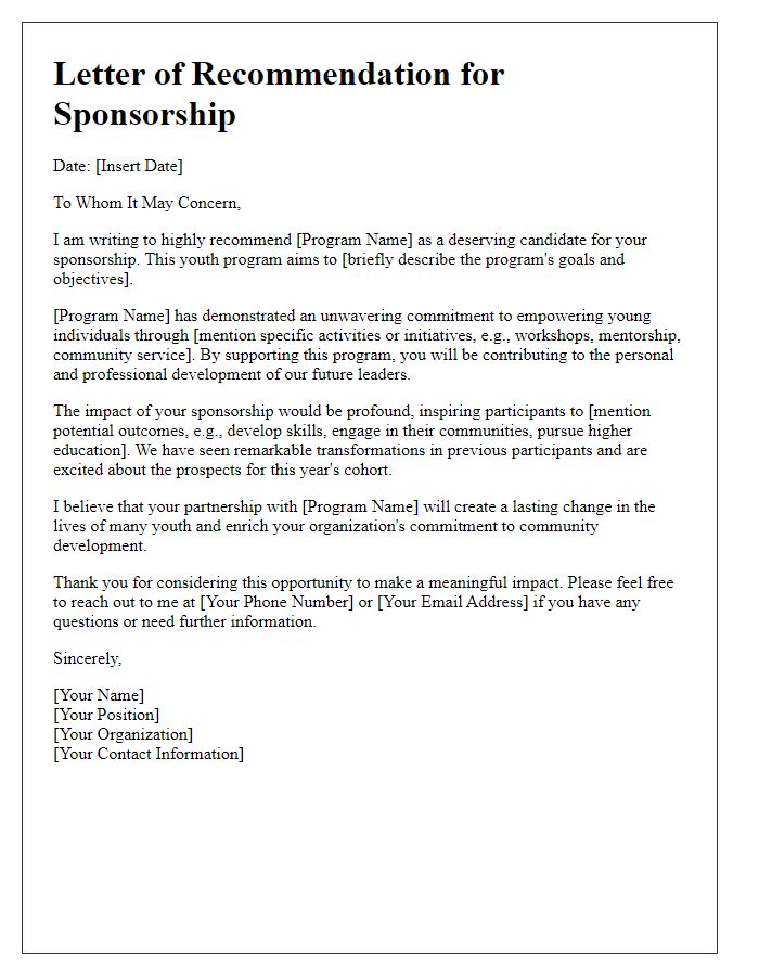 Letter template of sponsorship recommendation for youth program