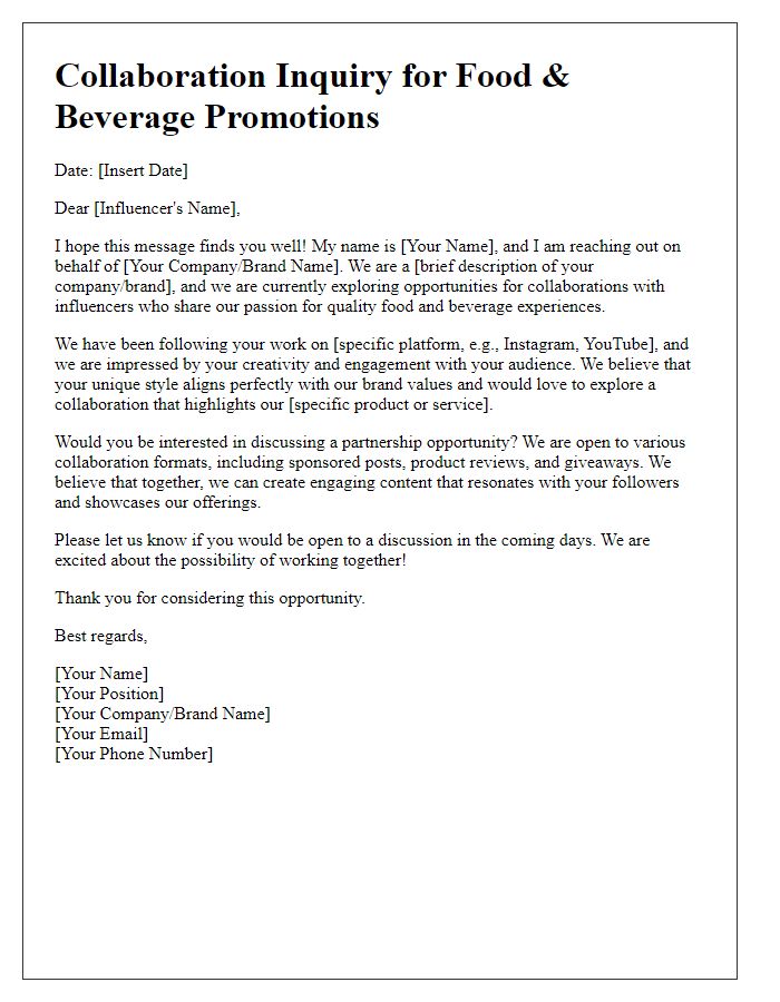 Letter template of influencer collaboration inquiry for food and beverage promotions