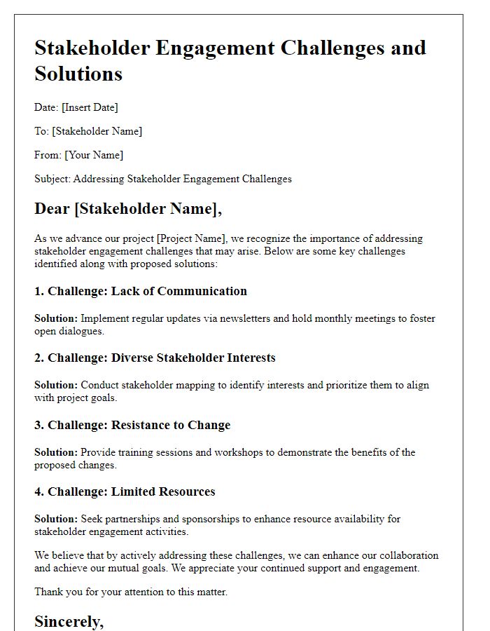 Letter template of stakeholder engagement challenges and solutions