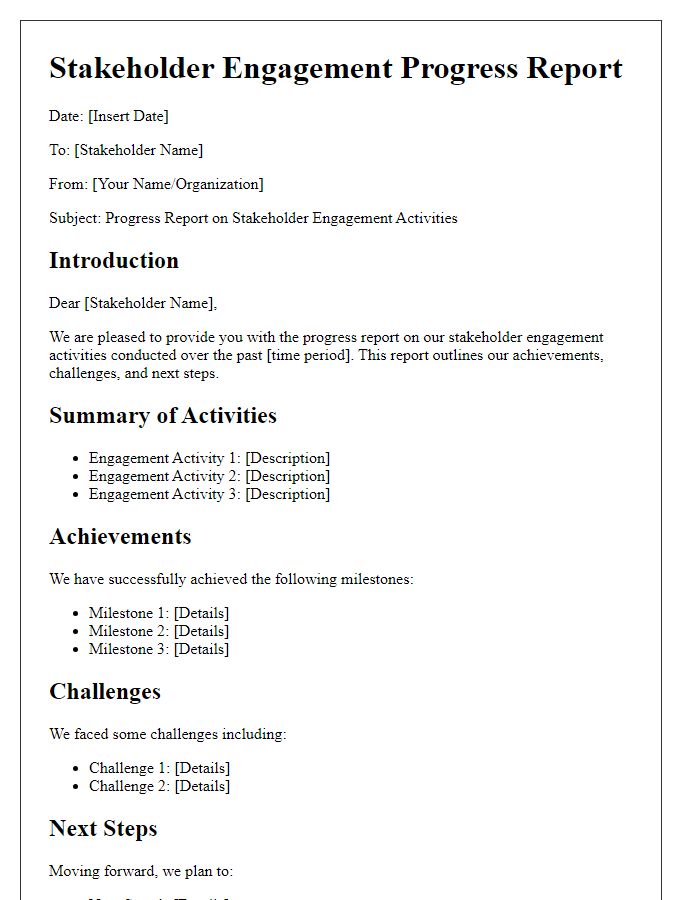 Letter template of stakeholder engagement progress report