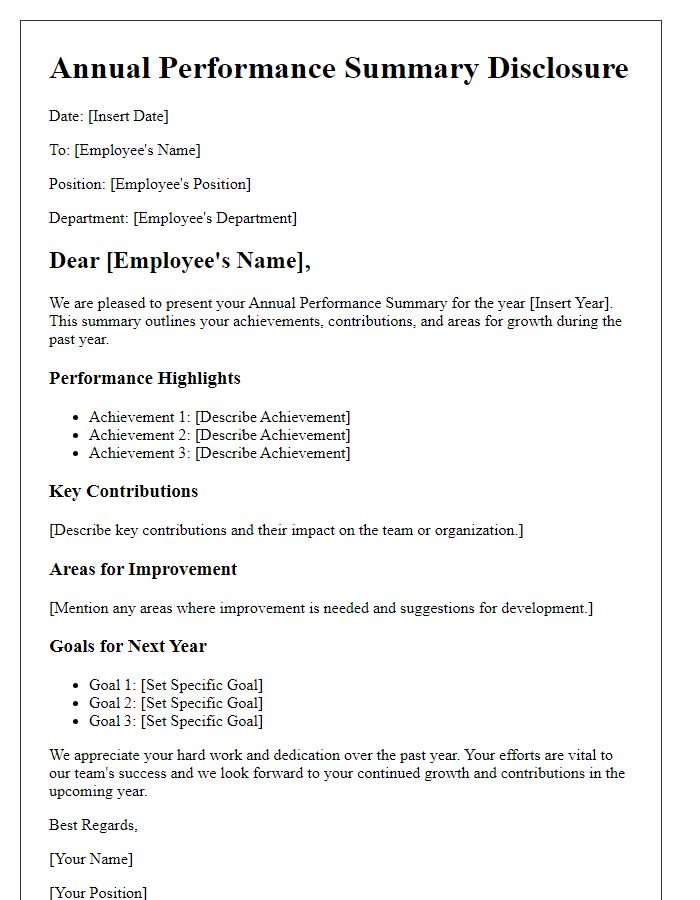 Letter template of annual performance summary disclosure