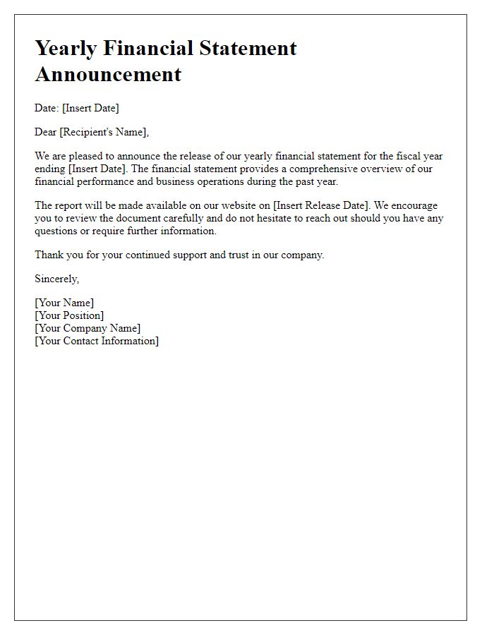 Letter template of yearly financial statement announcement