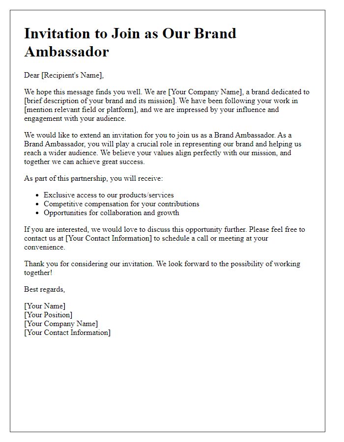 Letter template of Invitation to Join as Brand Ambassador