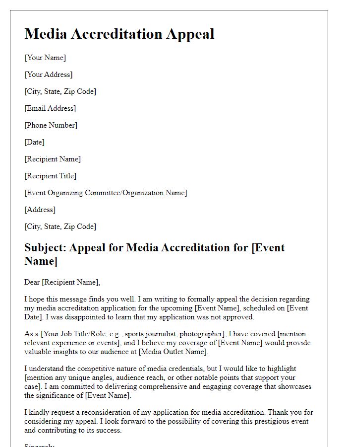 Letter template of media accreditation appeal for a sports event