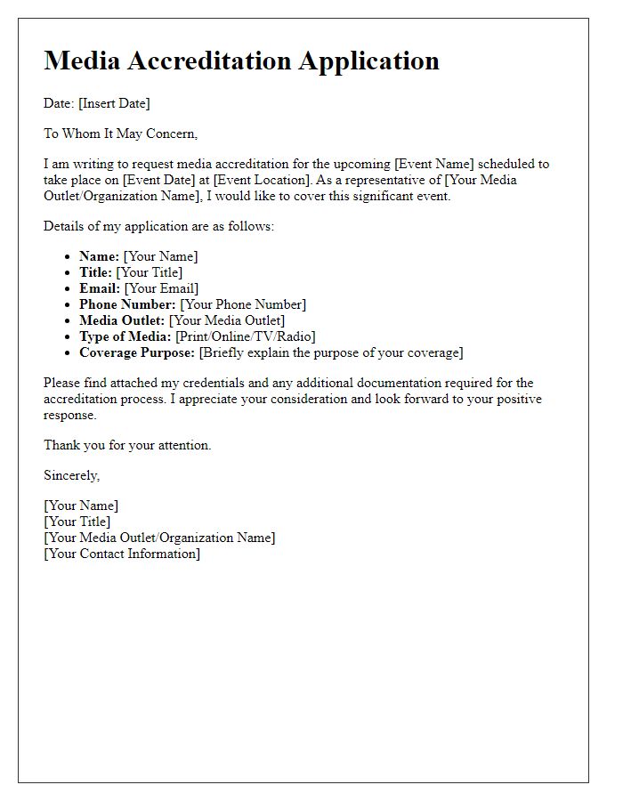 Letter template of media accreditation application for a press event