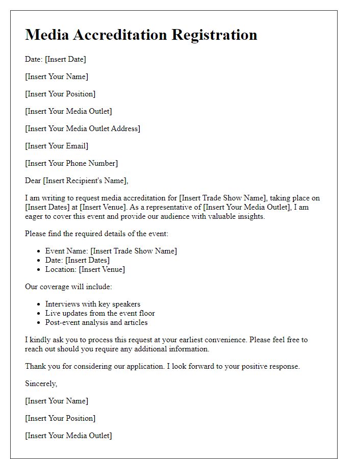 Letter template of media accreditation registration for a trade show