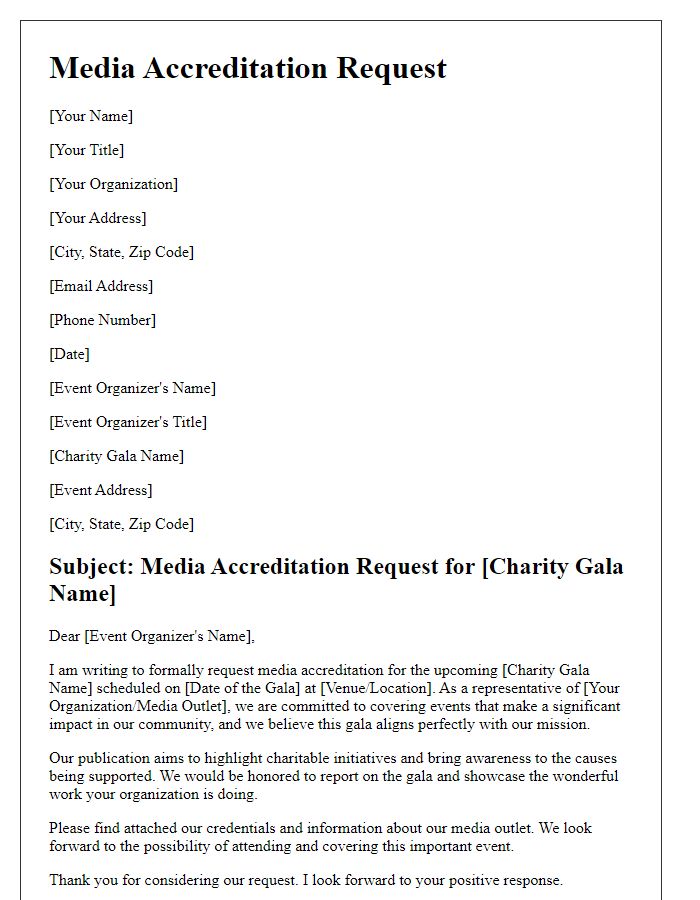 Letter template of media accreditation request for a charity gala