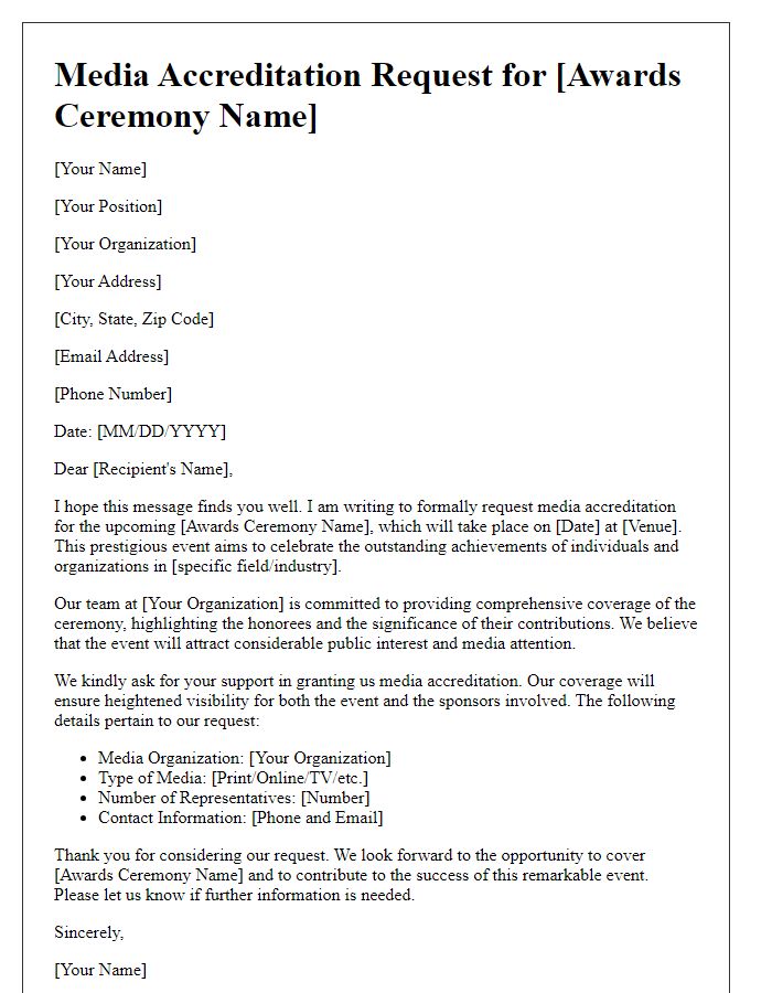 Letter template of media accreditation solicitation for an awards ceremony