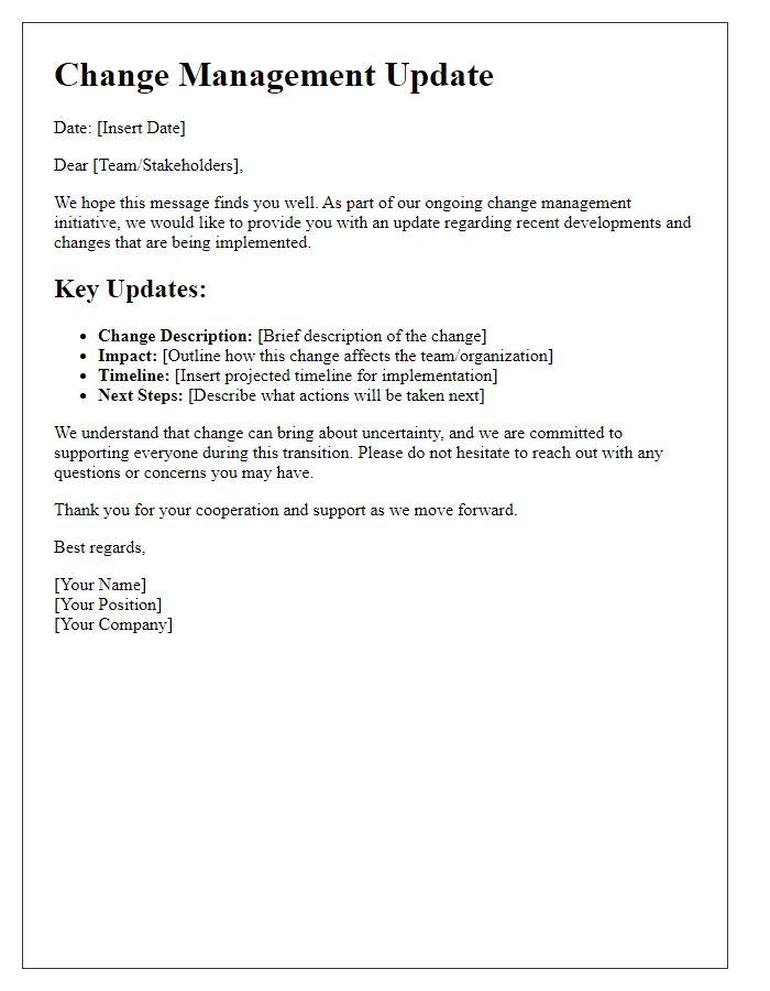 Letter template of change management update communication