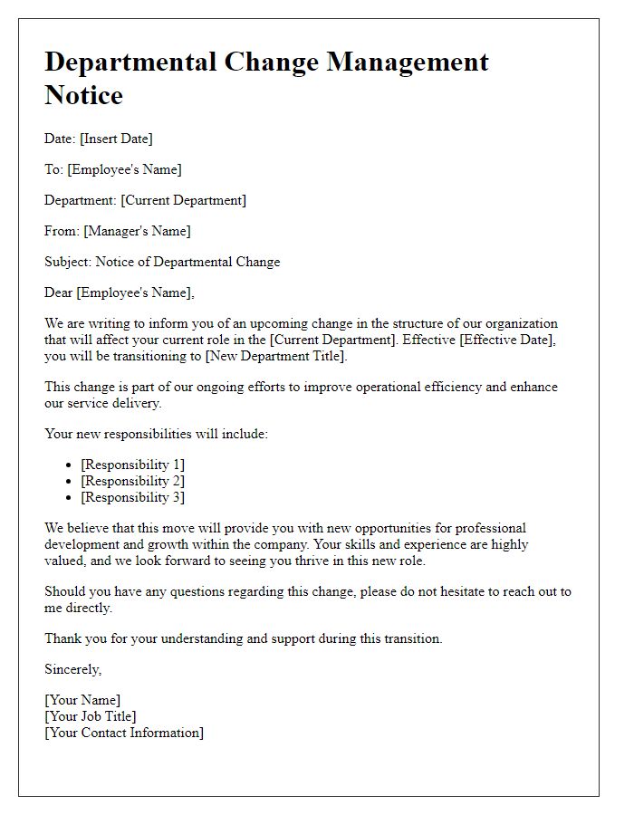 Letter template of departmental change management notice