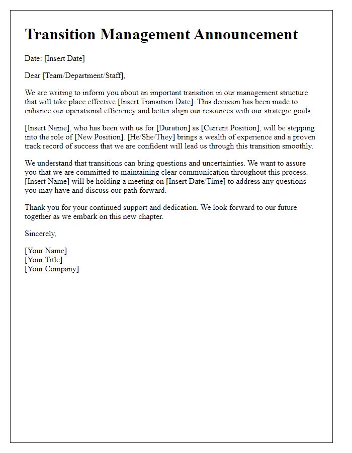 Letter template of transition management announcement