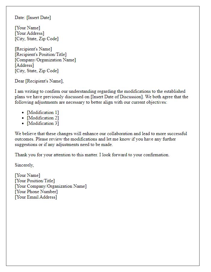 Letter template of understanding for modifying established plans