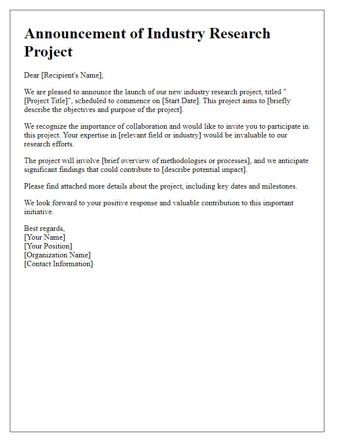 Letter template of announcement for industry research project