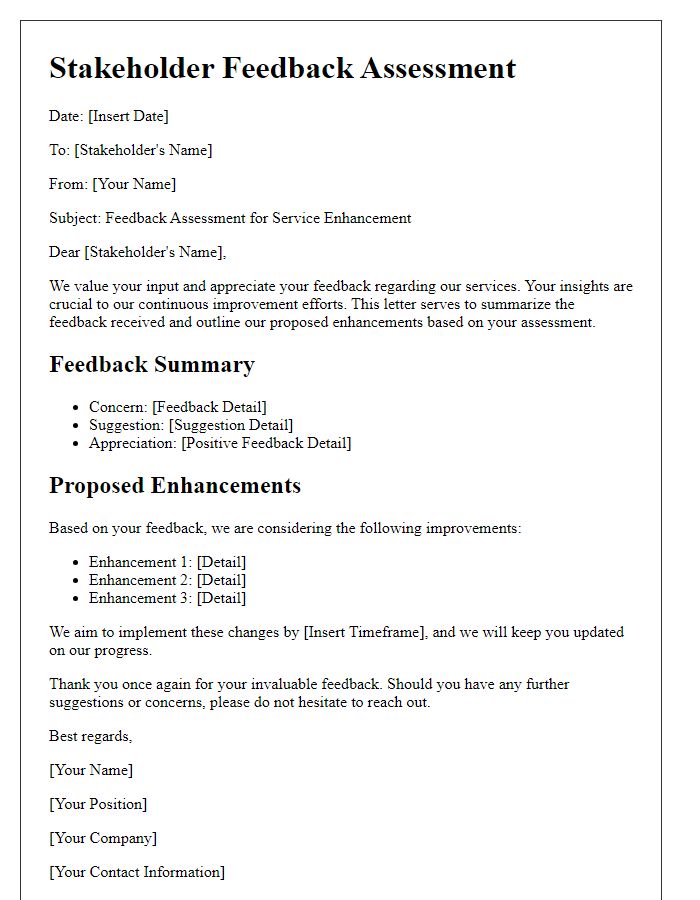 Letter template of stakeholder feedback assessment for service enhancement.