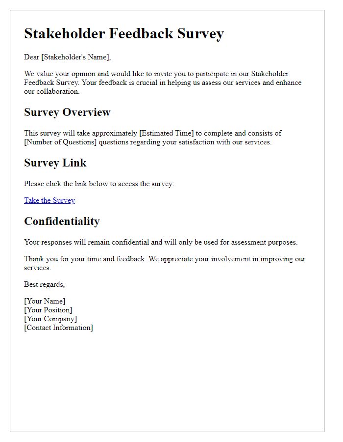 Letter template of stakeholder feedback survey for satisfaction assessment.