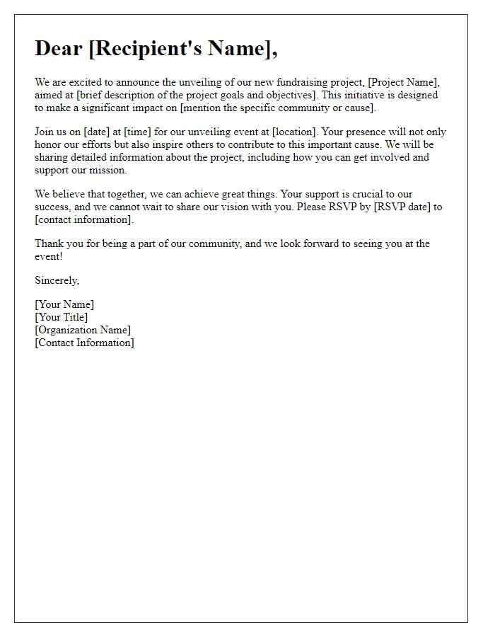 Letter template of fundraising project unveiling