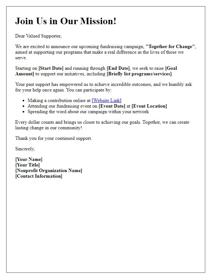 Letter template of nonprofit fundraising effort announcement