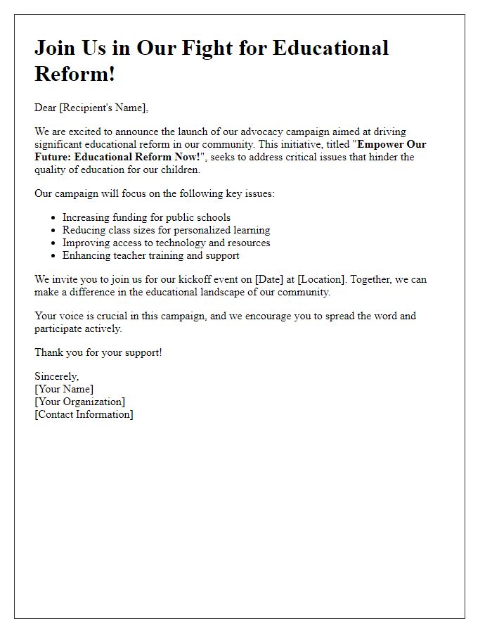 Letter template of advocacy campaign announcement for educational reform