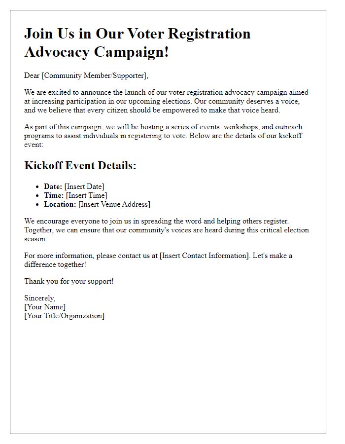 Letter template of advocacy campaign announcement for voter registration