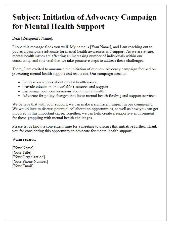 Letter template of advocacy campaign initiation for mental health support