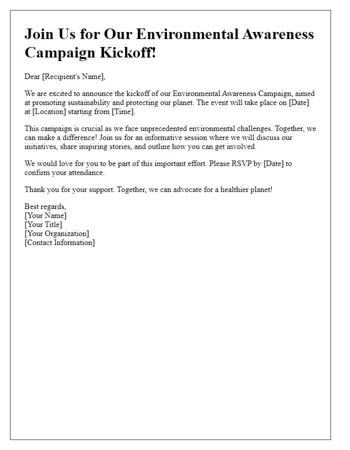 Letter template of advocacy campaign kickoff for environmental awareness