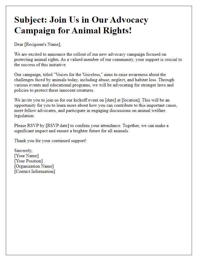 Letter template of advocacy campaign rollout for animal rights