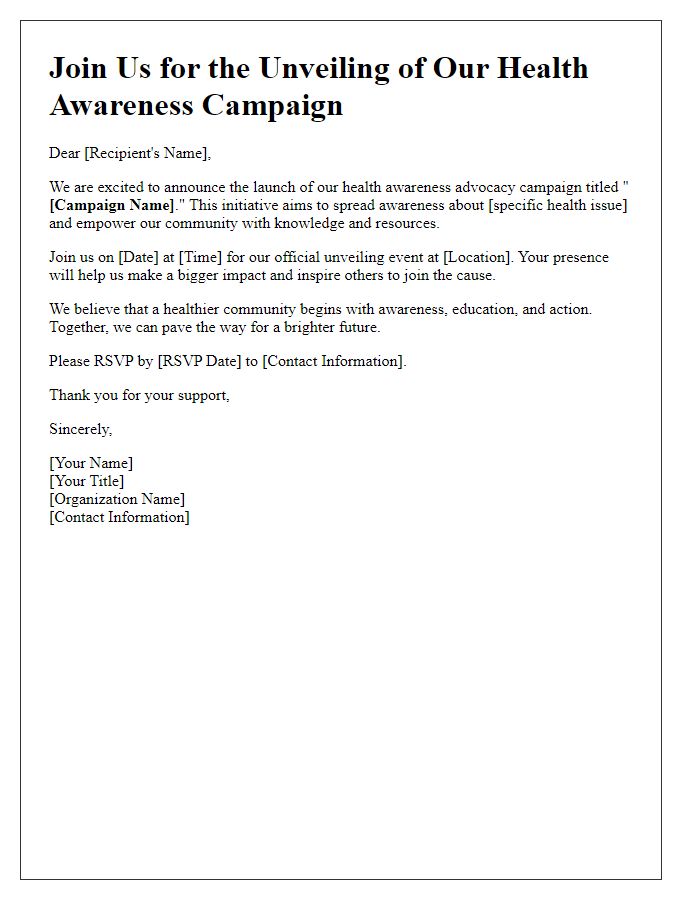 Letter template of advocacy campaign unveiling for health awareness