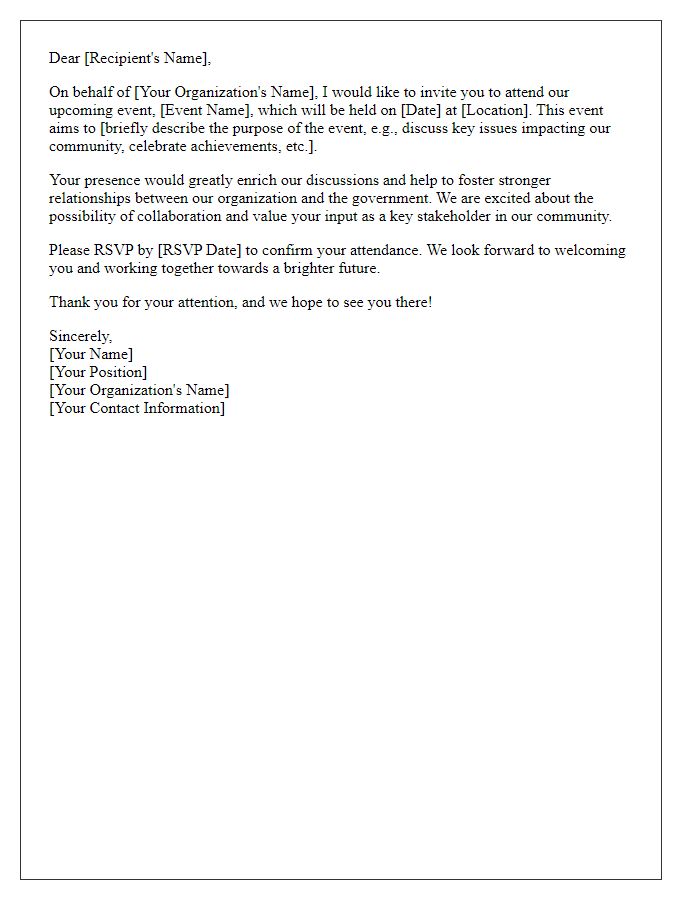 Letter template of government relations outreach for event invitations.