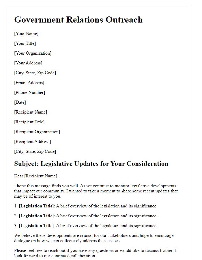 Letter template of government relations outreach for legislative updates.