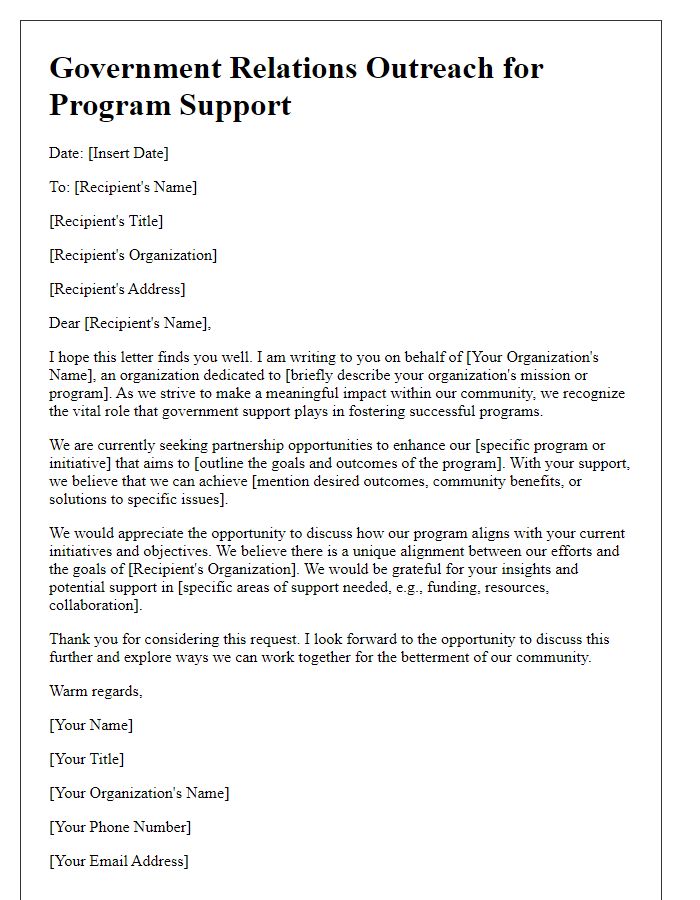 Letter template of government relations outreach for program support.