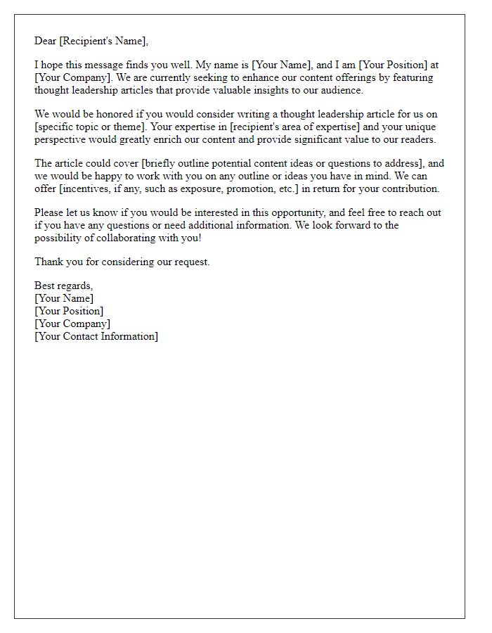 Letter template of draft request for thought leadership article