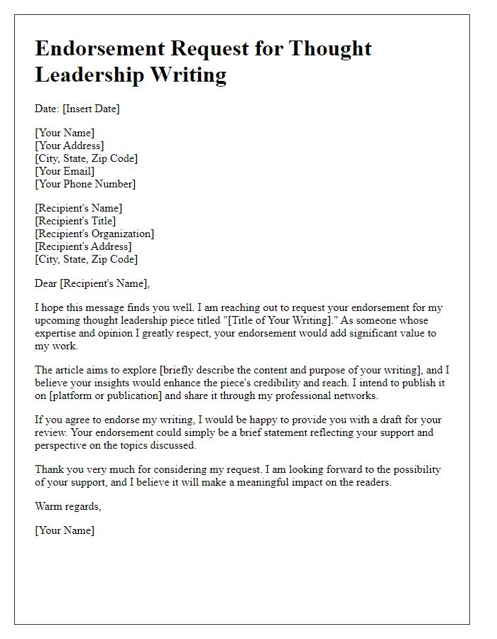 Letter template of endorsement request for thought leadership writing