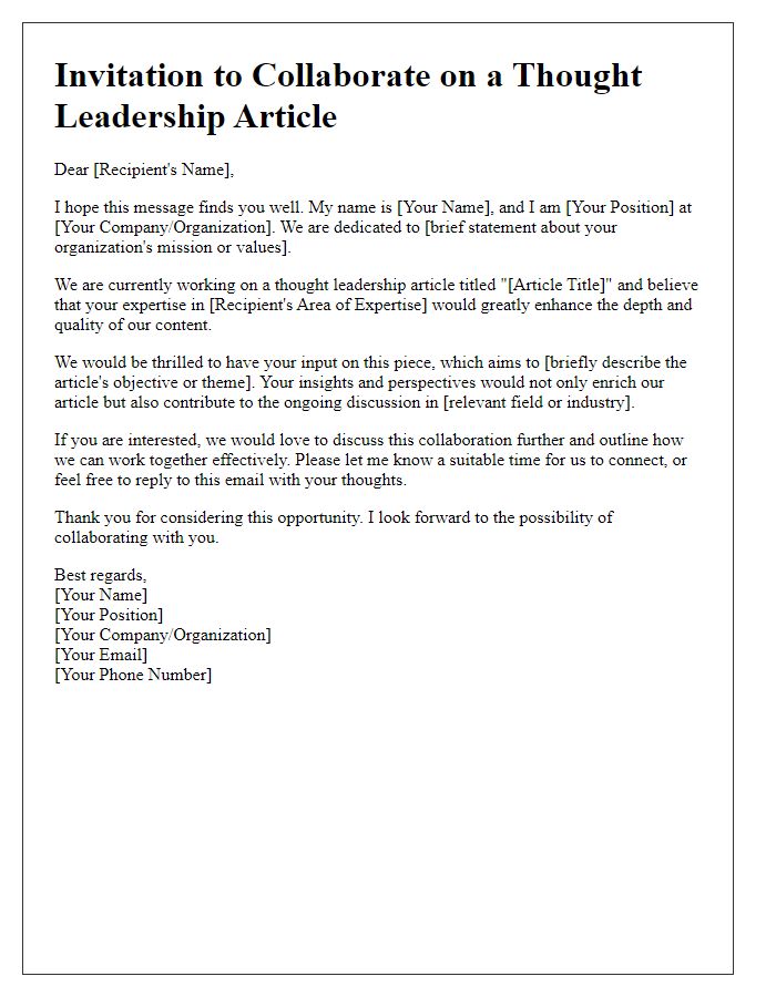 Letter template of invitation for thought leadership article collaboration