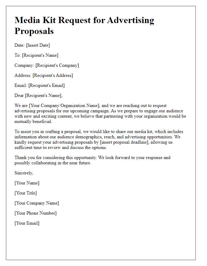 Letter template of media kit request for advertising proposals