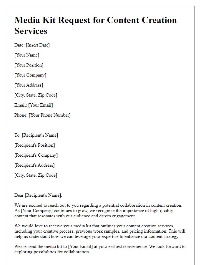 Letter template of media kit request for content creation services