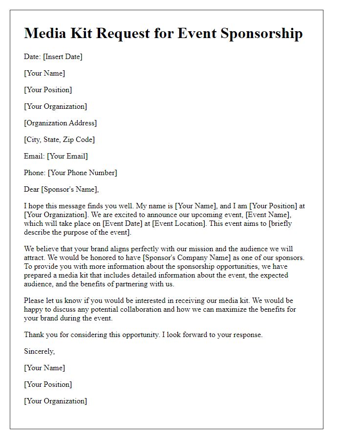 Letter template of media kit request for event sponsorship