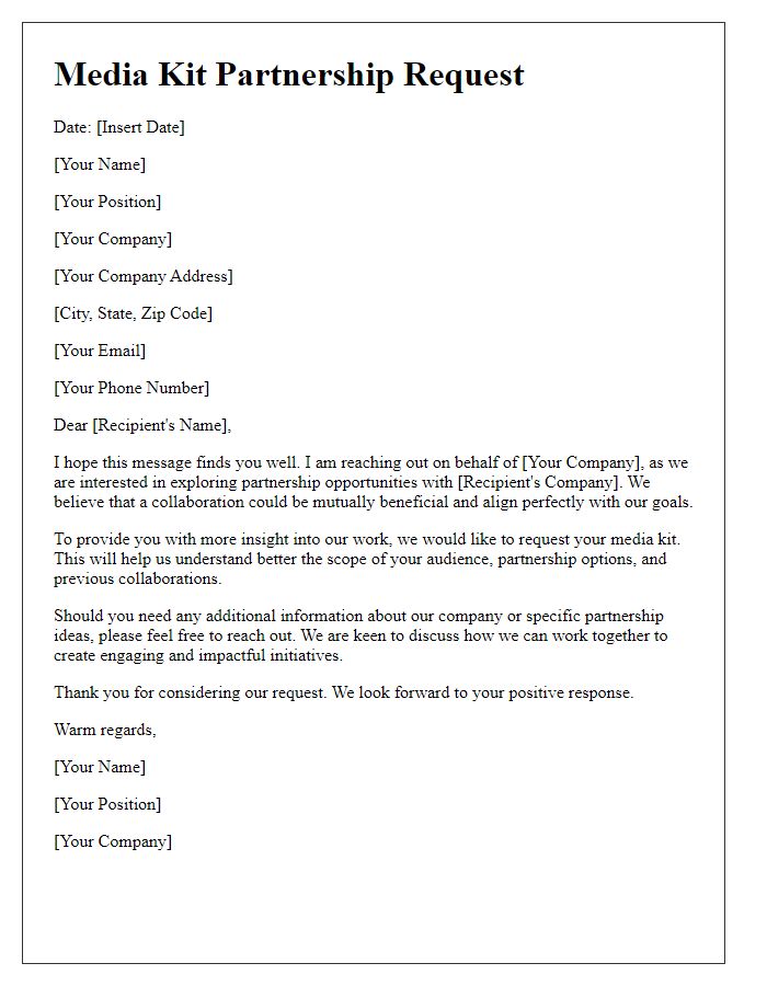 Letter template of media kit request for partnership opportunities