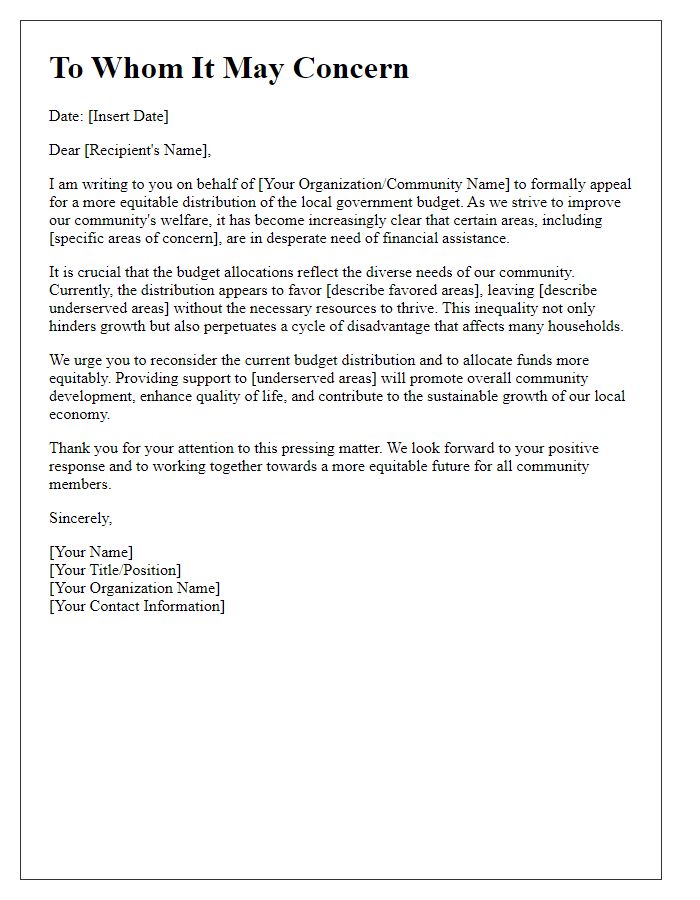 Letter template of appeal for equitable local government budget distribution