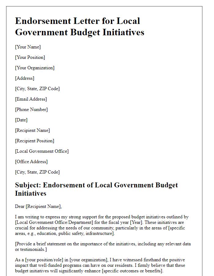 Letter template of endorsement for local government budget initiatives