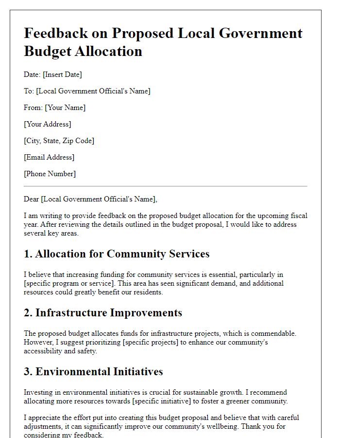 Letter template of feedback on proposed local government budget allocation