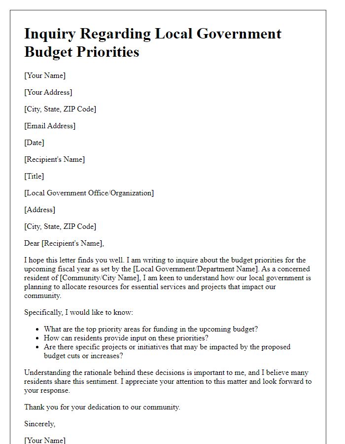 Letter template of inquiry regarding local government budget priorities