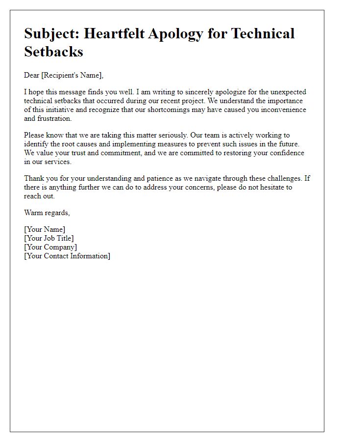 Letter template of heartfelt apology for unexpected technical setbacks